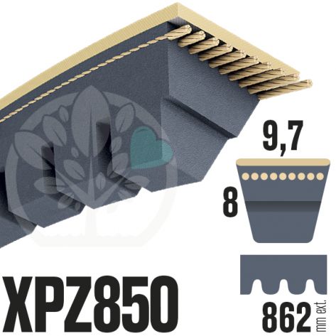 Courroie Trap&eacute;zo&iuml;dale Crant&eacute;e XPZ850. 9,7mm x 862mm ext.
