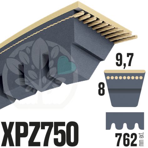 Courroie Trap&eacute;zo&iuml;dale Crant&eacute;e XPZ750. 9,7mm x 762mm ext.