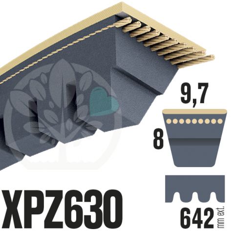 Courroie Trap&eacute;zo&iuml;dale Crant&eacute;e XPZ630. 9,7mm x 642mm ext.